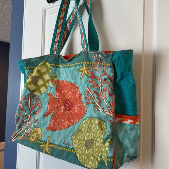 Paul Brant Coral and fish Large Tote Bag orange and green blue beach bag - Picture 2 of 10